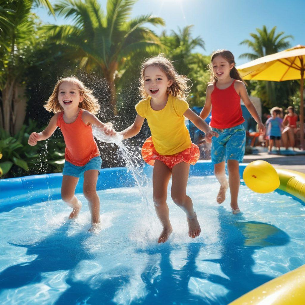 A sun-drenched scene of children joyfully splashing water while engaging in colorful interactive games, with inflatable pool toys and water slides in the background. The sky is clear blue and filled with vibrant sunshine, highlighting the excitement and fun of a hot summer day. Add tropical plants and a playful water balloon fight to enhance the atmosphere. super-realistic. vibrant colors.