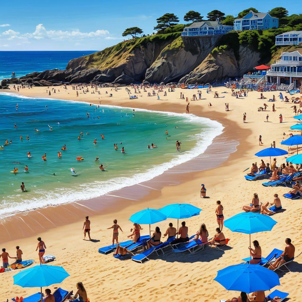 A sunny beach scene filled with colorful beachwear like bikinis and swim trunks, surrounded by playful beach games such as frisbees, beach balls, and sandcastles. In the background, a crowd of happy people sunbathing and enjoying water sports, with waves gently splashing. The sky is clear blue, and seabirds can be seen in flight. The overall vibe is vibrant and fun, capturing the essence of summer joy. vibrant colors. super-realistic.